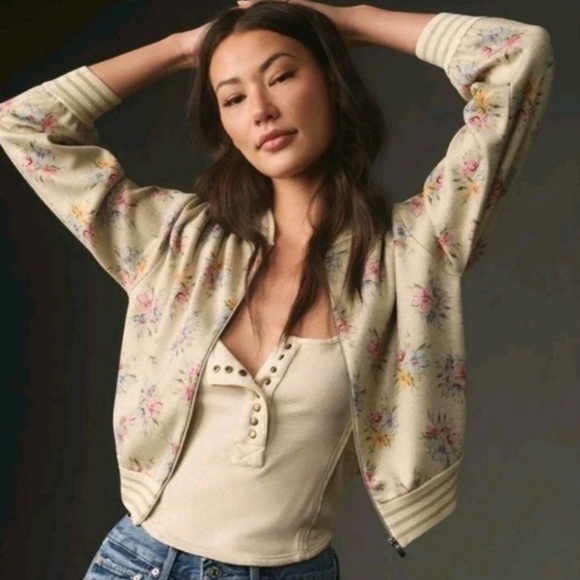 Anthropologie Maeve Floral Lurex Knit Bomber Jacket Size Large - Picture 1 of 6